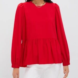 Pomander Place‎ Carlotta Peplum Top Blouse Long Sleeve Red Ruffle Hem Sz S READ